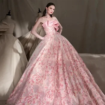 Yaz Pembe Straplez düğün elbisesi Lace Up Çiçek Baskı Gelin Elbise Parti Balo Elbise Vestido De Noiva Artı Boyutu Özel Yapılmış