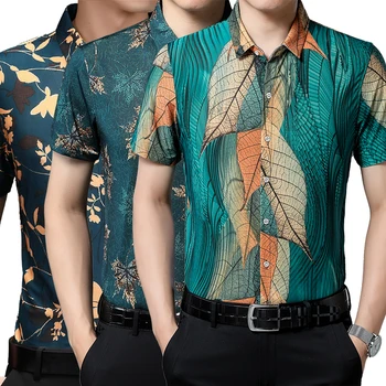 Yaz Rahat 3D Yaprak Baskılı Moda İnce İnce Erkek Gömlek Yumuşak Beachwear Hawaii Çiçek Gömlek Hızlı Kuru Fanila Streetwear