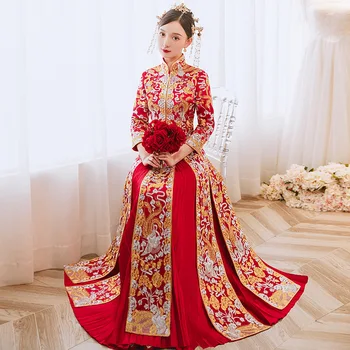 Yaz Çiçek Phoenix Nakış Evlenmek Giysileri Yüksek Kaliteli Cheongsam Çin Geleneksel Gelin düğün elbisesi Qipao