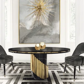 Yemek masası doğal mermer İskandinav postmodern yaratıcı tasarım paslanmaz çelik büyük yuvarlak masa restoran mobilya özelleştirmek