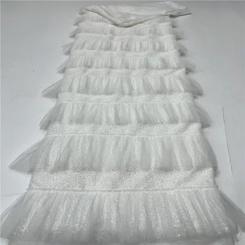 Yeni Beyaz Altın Afrika Dantel Kumaş 2023 Yüksek Kaliteli Nijeryalı Dantel Kumaş 5 Metre Fransız Sequins Dantel düğün elbisesi