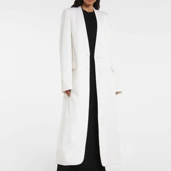 Yeni Beyaz Katı Kadın Ceket Uzun Kollu Turn-Aşağı Yaka Tek Göğüslü Trençkot 23349