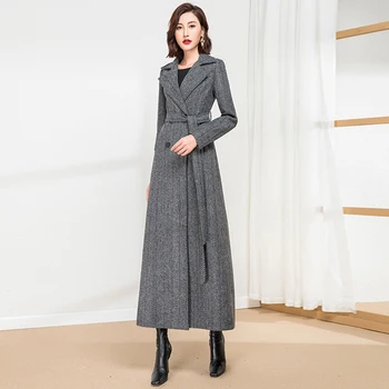Yeni Kadın Uzun Yün Karışımları Ceket moda elbise Yaka İnce Uzun Yün Ceket İngiltere Tarzı Gri Balıksırtı Yün Palto