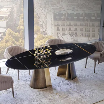 Yeni Laurent siyah altın mermer yemek masası paslanmaz çelik yemek masası tasarımcı modern basit ışık lüks oval yuvarlak masa