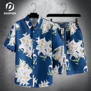 Yeni Moda havai gömleği Seti Erkek Baskı Kısa Kollu Yaz Casual Çiçek Gömlek Plaj 2 Parça Setleri Erkekler Streetwear Tatil