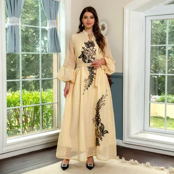 Yeni Pullu İşlemeli uzun elbise Arap Tunik Zarif Müslüman Etnik kadın Puf Kollu Abaya Elbise Müslüman Kadınlar için Giysi