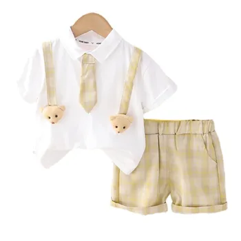 Yeni Yaz Moda Bebek Giysileri Takım Elbise Çocuk Erkek Ekose T-Shirt Şort 2 adet / takım Toddler Rahat Pamuk Kostüm Çocuklar Eşofman