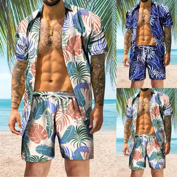 Yeni hawaii Yaprak Gömlek Setleri Düğme Baskı Erkekler Rahat Kısa Kollu Tasarım Plaj En Kaliteli Yaz Tee 2 Parça Giysi S-4XL