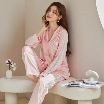 Yeni stil pijama kadın buz ipek uzun kollu pantolon iki parçalı ev giysileri kadınlar için pijama