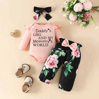 Yenidoğan Bebek Kız Pantolon Setleri Sonbahar Giysileri Kıyafet Uzun Kollu Harfler Bodysuit Üstleri ve Çiçek Pantolon Kafa Bandı ile bebek nesneleri