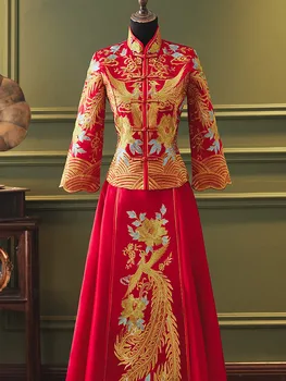Yourqıpao Nakış Phoenix Gelin düğün elbisesi Zarif Cheongsam Mandarin Yaka Çin Zarif Artı Boyutu Evlilik Seti
