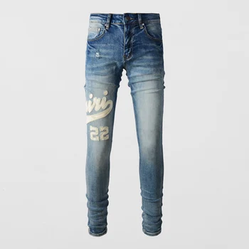 Yüksek Sokak Moda Erkek Kot Retro Mavi Streç Elastik Skinny Fit Yırtık Kot Erkekler Marka Deri Yama Tasarımcı Hip Hop Pantolon
