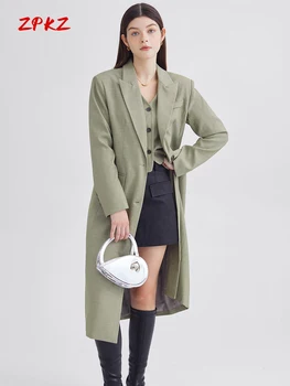 ZPKZ Vintage Trençkot Bayanlar Sahte İki Parçalı Ceket Uzun Takım Elbise Sonbahar Yeni High-End Sense Moda Uzun Kollu Banliyö Ceket
