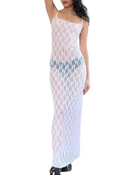 Zarif Dantel Yerleşimi Kolsuz Maxi Elbise Spagetti Sapanlar Kadınlar için Mükemmel Parti ve Clubwear