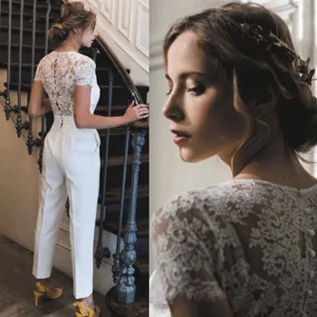 Zarif Fildişi Fermuar Dantel Aplike Tulumlar Beyaz düğün elbisesi Kadınlar için Özel Yapılmış V Boyun Pantolon Düğün için Robe De Mariee