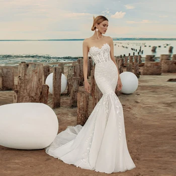 Zarif Mermaid düğün elbisesi Kadınlar için Gelin Straplez Tül Dantel Aplikler gelinlikler Trompet Custom Made Vestidos De Novia