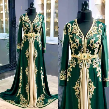 Zarif Yeşil Balo Elbise Kristal Boncuk Saten A-Line Müslüman Abiye 2021 V Yaka Nakış Dubai Parti Elbise vestidos