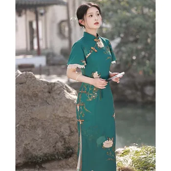 Zarif Çin Tarzı Elbise Yeşil Çiçek Baskı Qipao Kadın Zarif Saten Vestidos Uzun Qipao Vintage Mandarin Yaka Cheongsam'lar