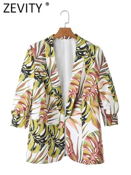 Zevity Kadın Moda Yapraklar Baskı Rahat Hırka Blazer Ceket Kadın Üç Çeyrek Kollu Şık Açık Dikiş Takım Elbise Veste CT4237