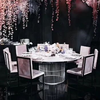 düğün mobilyası gümüş metal yuvarlak paslanmaz çelik taban olay ürünleri ziyafet cam yemek moda masa düğün