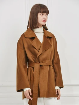 high-end su dalgalı kısa çift taraflı kaşmir yün ceket kadın küçük sonbahar kış ceket karamel rengi %100 % kaşmir