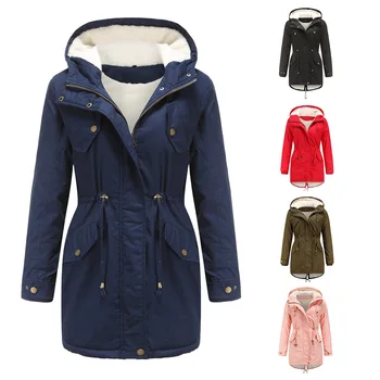 yeni sonbahar ve kış kadın ceket düz renk kapşonlu kalın pamuklu mont kazık ceket parkas