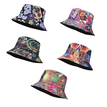 Çift Taraflı Aşınma Kova Şapka Unisex Yaz Gidip Balıkçı Şapka Düz Renk + 80s Disko Desen Açık Tatil Şapka