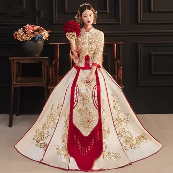 Çin Tarzı Ejderha Phoenix Nakış Giyim Geleneksel düğün elbisesi Cheongsam Qipao Kırmızı Kadın Elbisesi