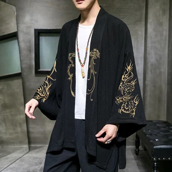 Çin Tarzı erkek Yaz Geleneksel Etnik Ejderha Totem Nakış Giyim Gevşek Rahat Cosplay Hırka Hanfu Üst Gömlek