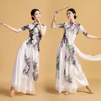 Çin mürekkep ve yıkama retro dans kostümü geleneksel modifiye qipao modern dansçı tarzı elastik eğitim performansı kostüm