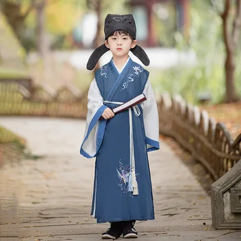 Çinli Erkek Dans Kostümleri Bahar Geleneksel Çocuklar Mavi Nakış Hanfu Tang Takım Performans Sahne Giyim