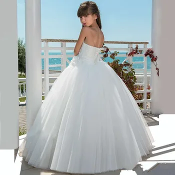 Çiçek Kız Elbise Beyaz Prenses Kolsuz Çiçekler Aplike Tül Yumuşak Tül İlk Communion Elbise Kızlar Pageant Elbise
