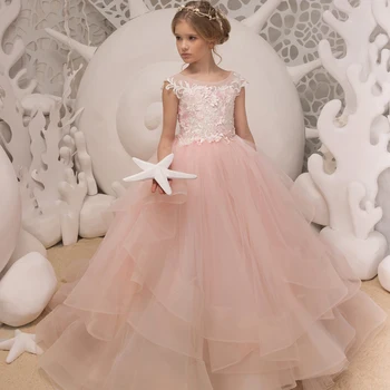Çiçek Kız Elbise Düğün için Pembe Tül Kabarık Prenses Çocuklar Kat Uzunluk Akşam Parti İlk Communion Doğum Günü Balo Balo elbisesi