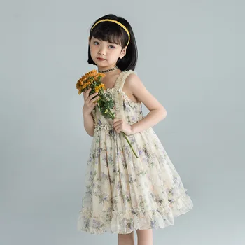Çocuk Kız Kayma Gazlı Bez Elbise Yaz çiçekli elbiseler 4-12 Yıl