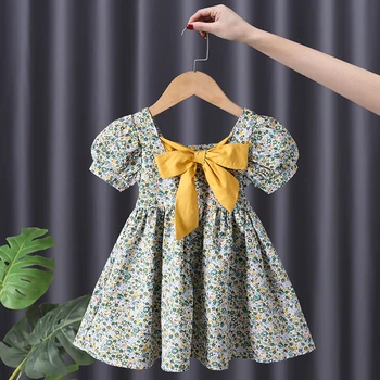 Çocuk Yaz 2023 Çocuk Pamuk Zarif Kadınlar İçin Çiçek Vintage Kore Tarzı Büyük İlmek Backless Elbise 2 İla 8 Yaşında