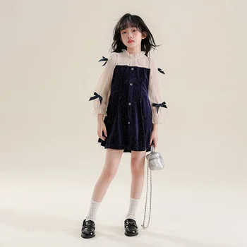 Çocuk giyim Blogger Kızlar İçin Kore Zarif Elbise Kızlar İçin Uzun Kollu Parti Yay Elbise 8 10 12 yaşında