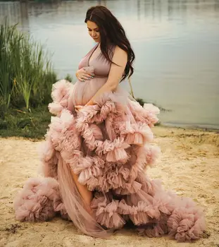Çıplak Pembe Ruffles hamile elbisesi Photoshoot için Lush Katmanlı V Boyun Gebelik Bebek Duş Gelin Elbise Fotoğrafçılık için