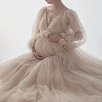 Örgü hamile elbiseleri Fotoğraf Çekimi İçin Uzun Kollu Tül Çiçek Maxi Abiye Hamile Kadınlar Fotoğraf Gebelik Çekim Elbise