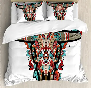  Batı Yorgan yatak örtüsü seti, Buffalo Şeker Meksika Kafatası Renkli Süslü Tasarım Boynuzlu Hayvan Kupa, Dekoratif 3 Parça Yatak Se