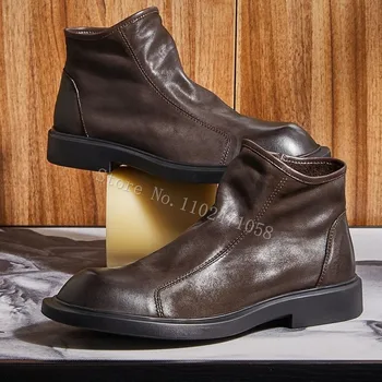 Hakiki Deri Erkek yarım çizmeler Retro Yuvarlak Ayak Fermuar Flats Chelsea Çizmeler Moda Iş Rahat Erkek erkek resmi ayakkabı 38-44