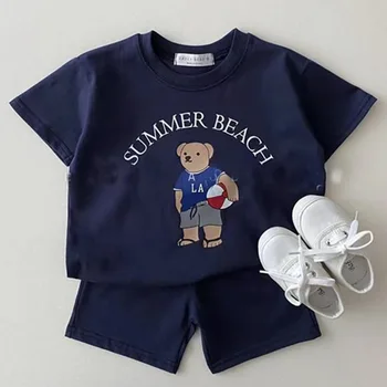 Koreli çocuk Kısa Kollu Setleri 2023 Yaz Yeni Pamuk Erkek ve Kız Sevimli Karikatür T-Shirt + Şort 2 Adet Takım Elbise Bebek Giysileri