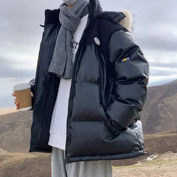 NewFake Kürk Kapşonlu erkek Kış Parkas Kalınlaşmış Gevşek Sıcak Moda Patchwork Tasarımcı Mont Dış Giyim