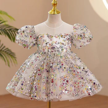 Prenses Elbise Kız Elbise Petit Etek Pullu Örgü Dikiş Elbise Kostüm Çiçek Kız Düğün Ev Sahibi çocuk Gece Elbisesi
