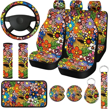 15 parça set renkli küçük çiçek araba iç, tam set koltuk kapakları çoğu için uygun araba dekorasyon arabalar
