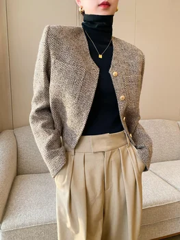 2023 Ceketler Kadınlar için Metal Düğmeler Ekose Ceket Vintage Mahsul Tops Kısa Dış Giyim Mujer Tüvit Kore Şık Mizaç Ceket Q12