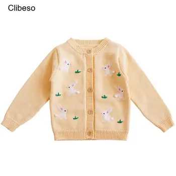 2023 Clibeso Kore Moda Bebek Kız Örme Kazak Ceket Sonbahar Kış Çocuklar için Sevimli Karikatür Tavşan Nakış Örgü Hırka