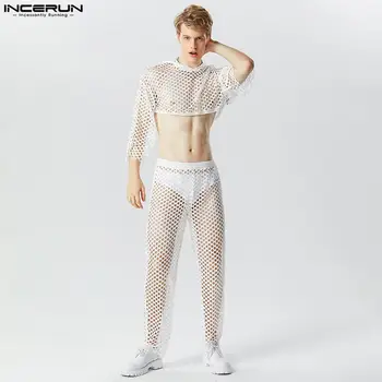 2023 Erkekler Setleri Örgü Şeffaf Katı Streetwear Kapşonlu Uzun Kollu Mahsul üstler ve pantolonlar 2 ADET Gevşek Moda Erkek Takım Elbise S-5XL INCERUN