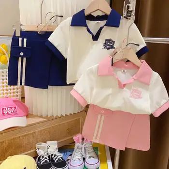 2023 Küçük Kız Kısa Kollu Eğlence Setleri Yaz moda Kız Seti Bebek Saf Pamuk Sevimli Giyim Toptan Kıyafetler Set