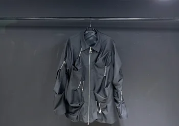 2023 Orijinal tasarım erkek ceket ceket üst erkek üç boyutlu terzilik siyah fermuar trençkot tasarım duygu kabarık