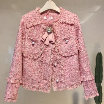 2023 Sonbahar Kış Yeni Lüks Marka Vintage Yün Ceket Tüvit Püskül Küçük Koku Bayanlar Moda Yay İnci Düğme Ceket